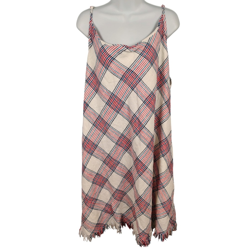 NWT Natural Reflections Womens 2X Plaid Dress Hibiscus Blue Cotton Boho Fringe‎